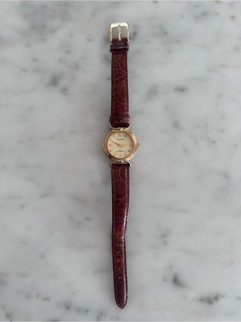 Vintage Liz Claiborne Gold Tone Quartz Watch Brown Leather Band